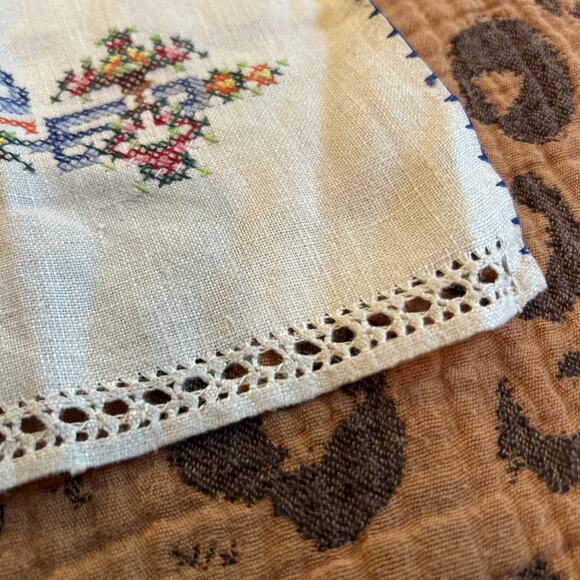 Vintage Linen Towels His Hers Embroidered Fingertip Floral Kitchen Turquoise - Picture 9 of 15